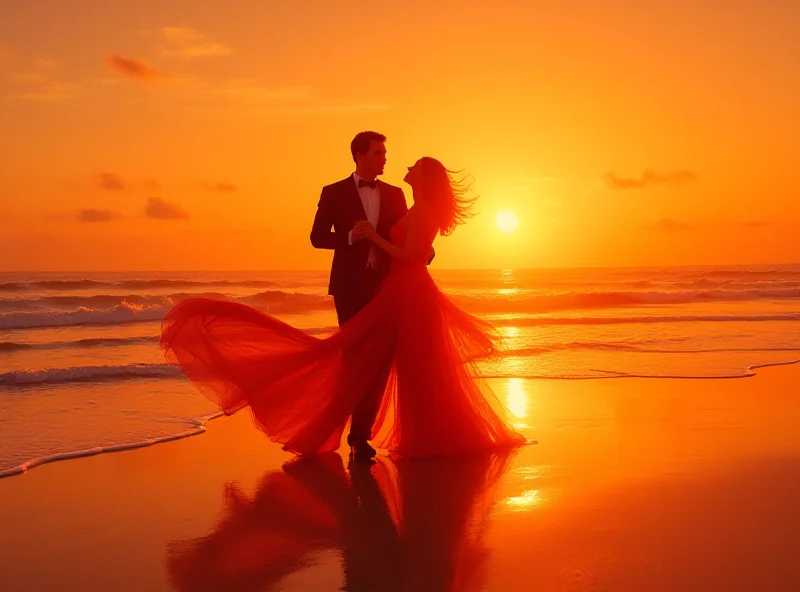 A painting in the style of Jack Vettriano, depicting a couple dancing on a beach at sunset, with dramatic lighting and a sense of romance.