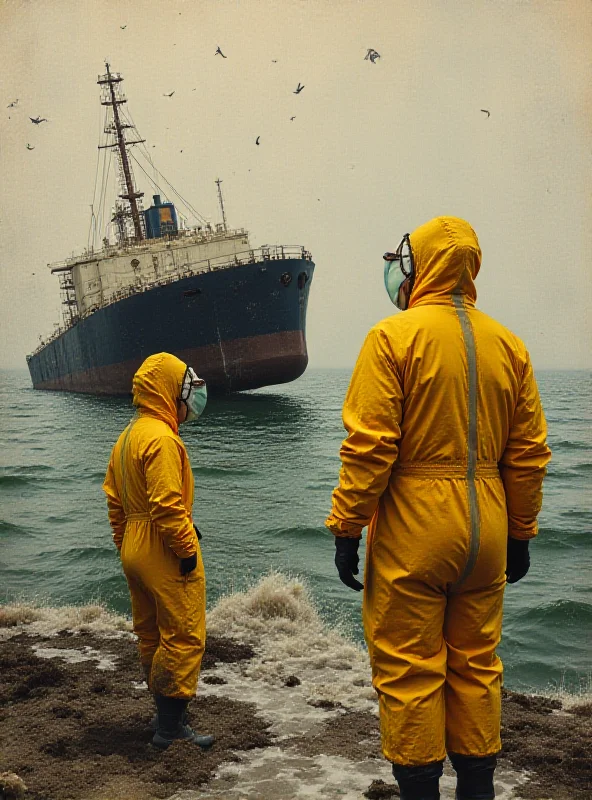 A painting in the style of Banksy, reimagining The Singing Butler. The original scene is disrupted by a sinking oil tanker in the background and two figures in hazmat suits standing nearby.