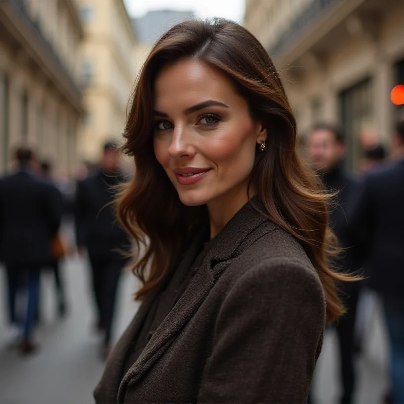 Fernanda Torres smiling and posing gracefully while wearing an elegant Chanel outfit. The background is a soft, blurred Parisian street scene.