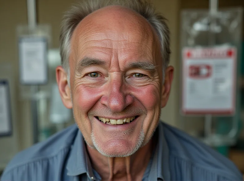 A portrait of James Harrison smiling warmly, with a blood donation bag visible in the background.