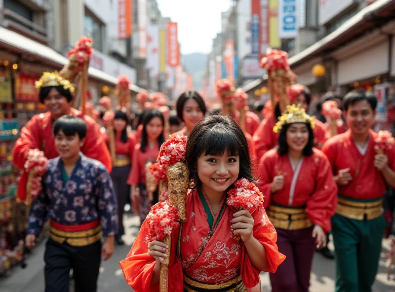 A vibrant scene from the Kanamara Matsuri in Japan, featuring people carrying phallic symbols.