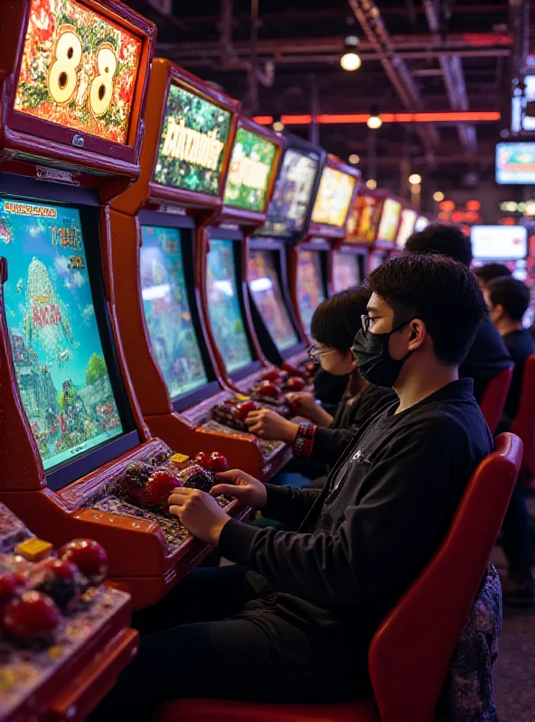 A bustling Japanese arcade with rows of colorful game machines and enthusiastic players.