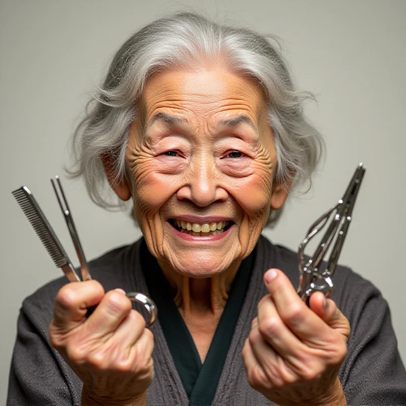 Shitsui Hakoishi, a 108-year-old Japanese woman, smiling while holding barber's tools.