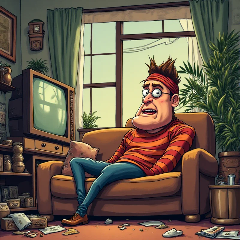 Cartoon depiction of a thief watching television in a living room