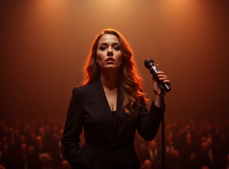 A woman stands defiantly with a microphone in her hand, bathed in the warm glow of stage lights. The background is blurred, suggesting a large audience listening intently.