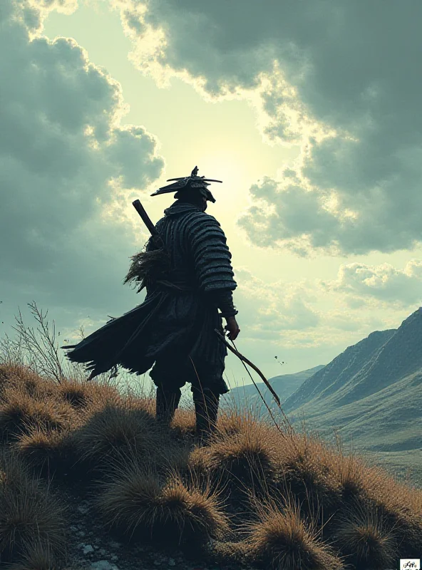 A stylized image depicting a samurai warrior standing in a windswept Scottish landscape. The sky is a dramatic mix of dark clouds and patches of sunlight. The warrior is holding a katana, and the environment suggests a post-apocalyptic setting.
