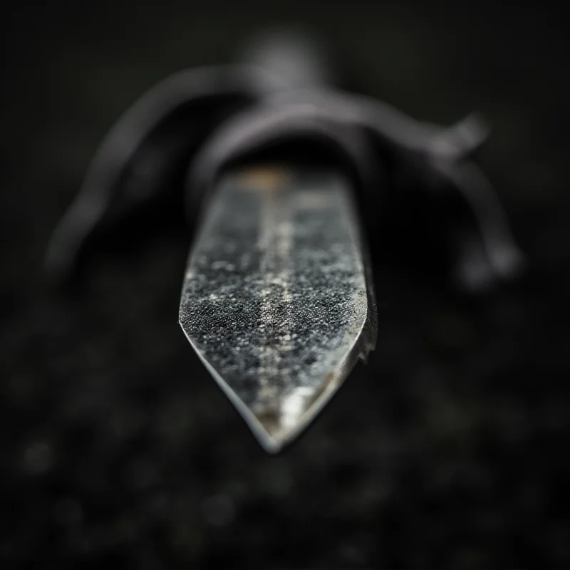 Close-up shot of a weathered katana sword. The blade is slightly tarnished, hinting at age and use. The hilt is wrapped in traditional Japanese fabric.