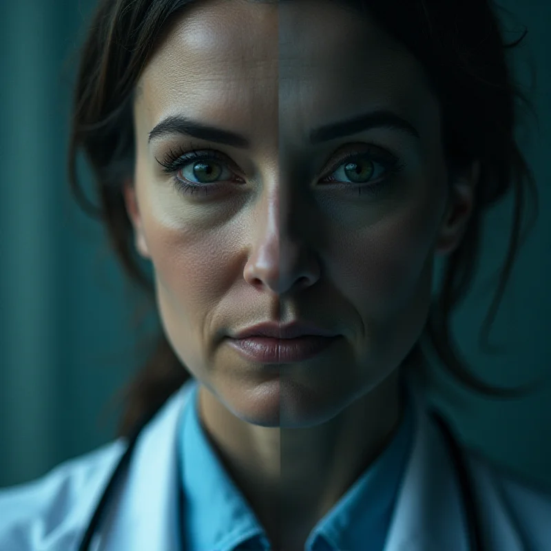 A doctor's face, half showing a caring expression, the other half shadowed and sinister