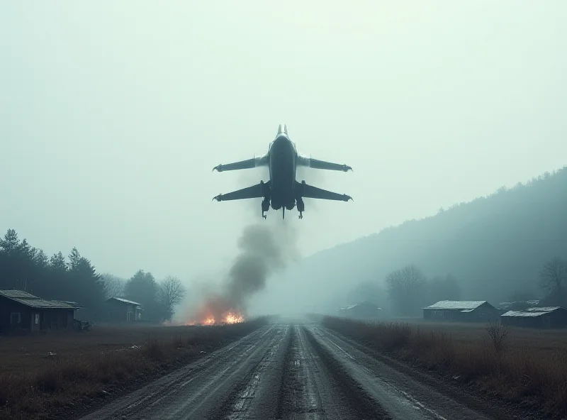 Silhouette of a military jet flying over a rural landscape with smoke rising in the distance, suggesting a bombing incident.