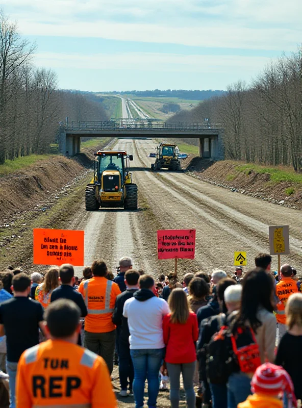 A group of environmental protestors holding signs and banners in front of construction equipment, with trees and a highway in the background.