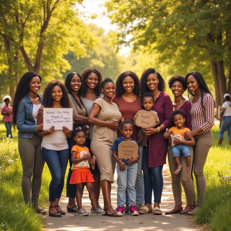 A diverse group of mothers and children standing together, some holding signs advocating for family support and equality.