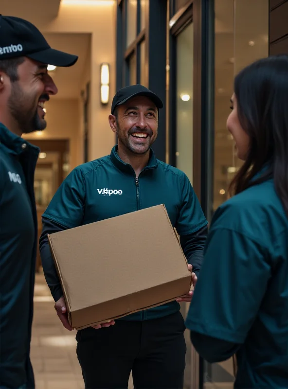 A Zepto delivery driver handing a Vivo smartphone box to a customer at their doorstep