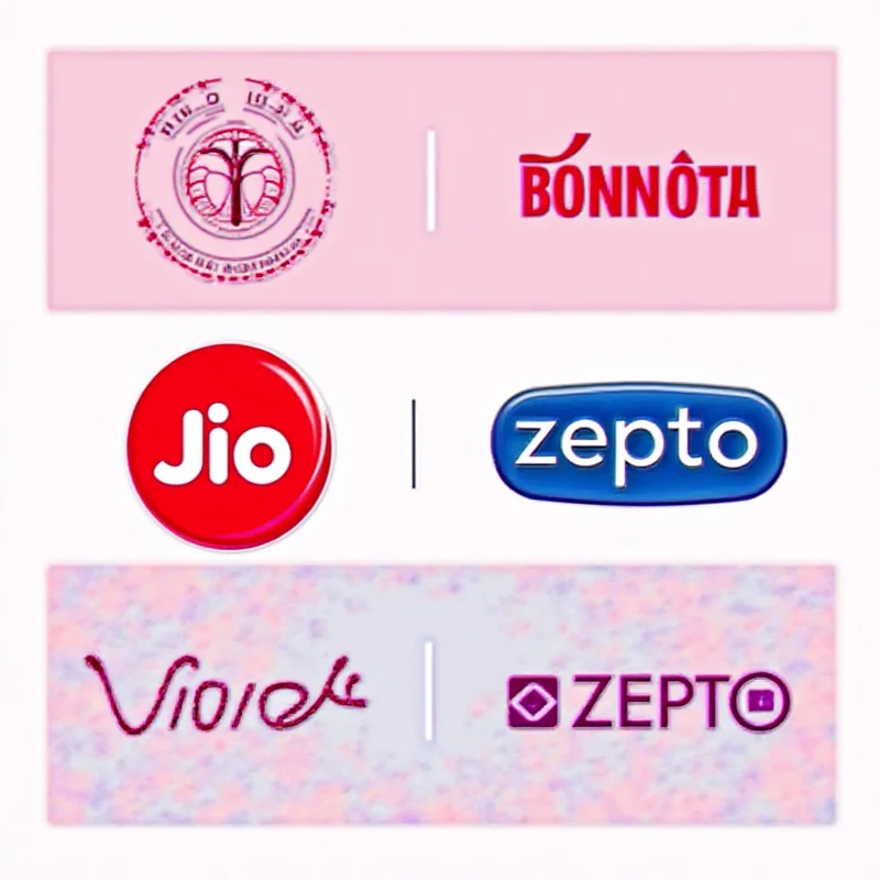A collage showing the Reliance Jio logo, a Vivo smartphone, and the Zepto logo
