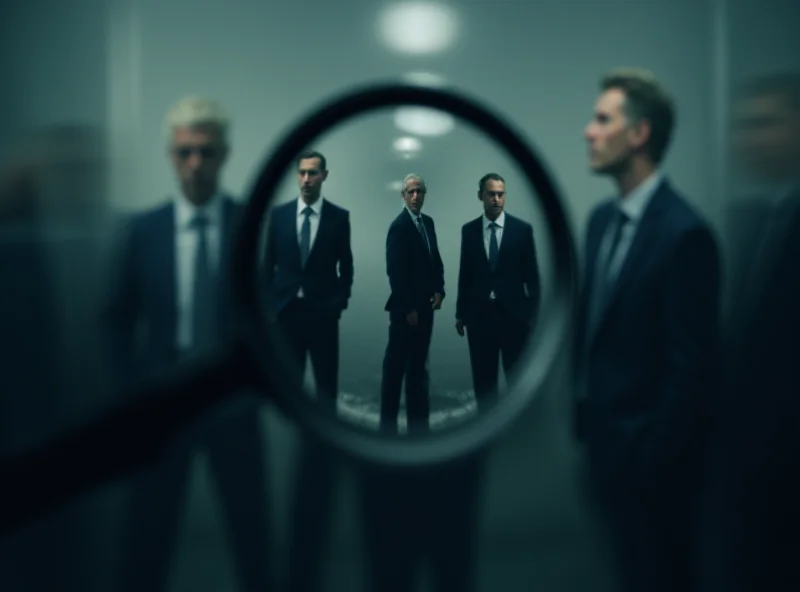 An abstract image representing an investigation with magnifying glass and blurred figures in the background.