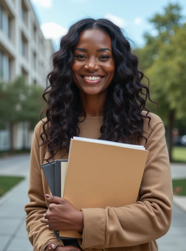 A young woman, Aleysha Ortiz, smiling confidently in front of a college building.