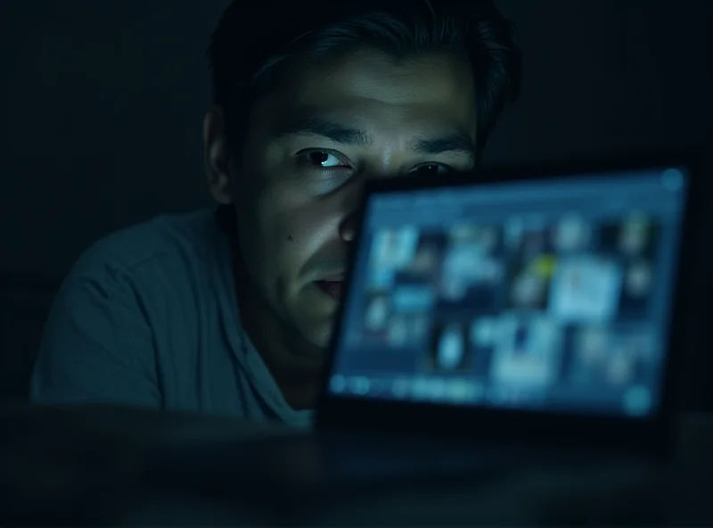 A concerned face looking at a laptop screen with a blurred background of suggestive online content.