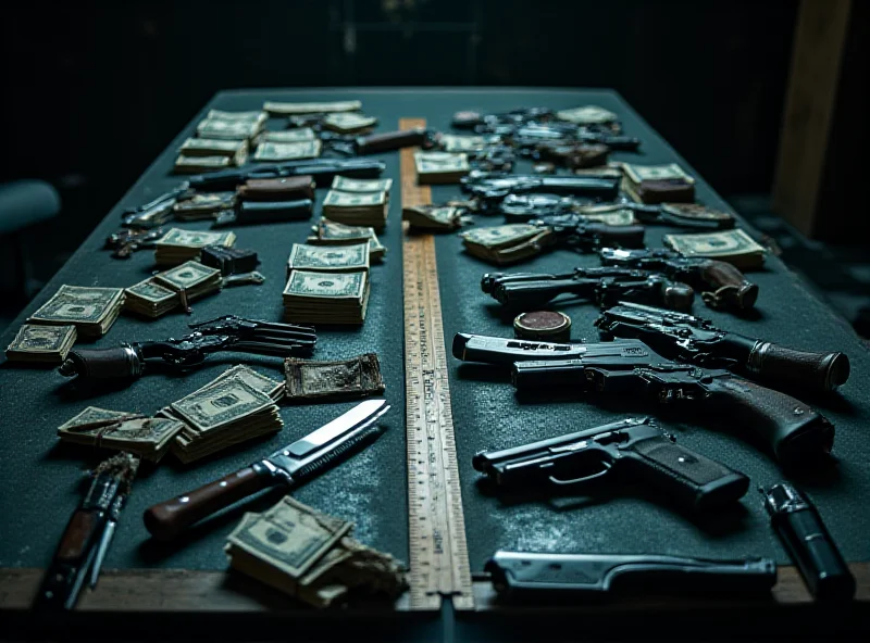 Weapons and cash seized by police during an investigation, symbolizing organized crime.