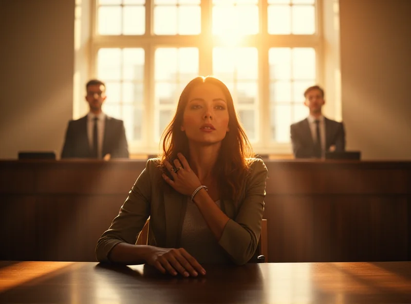 Image of a courtroom in Poland with sunlight streaming through the windows. A woman sits at the defendant's table, looking relieved.