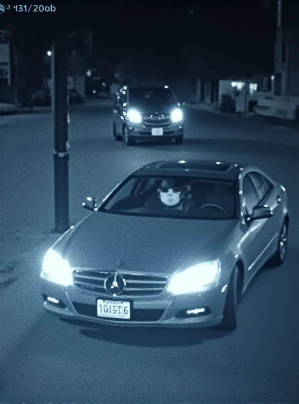 Image of a surveillance camera recording a car parked on a street at night. The driver's face is visible in the grainy footage.