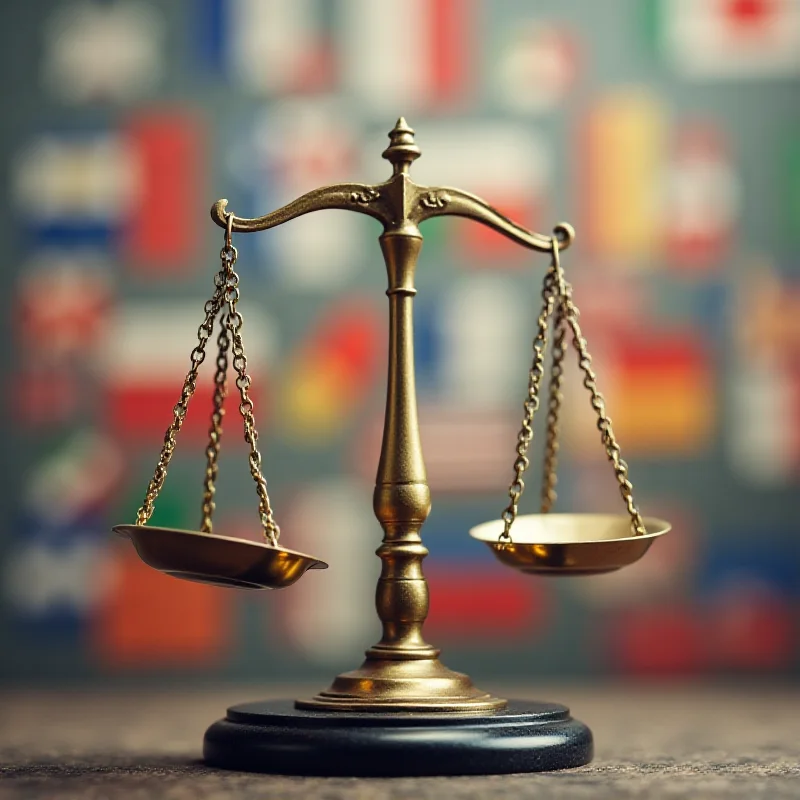 Abstract image depicting scales of justice with various national flags in the background, symbolizing global justice systems.