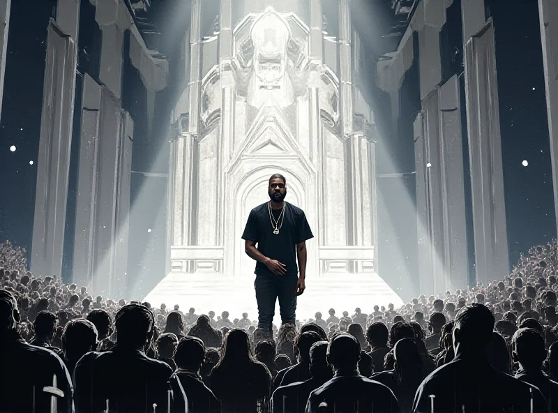 Illustration of Kanye West standing in front of a modern concert stage with a large, ornate cathedral inexplicably placed in the center of the stage. The crowd looks confused and bewildered.