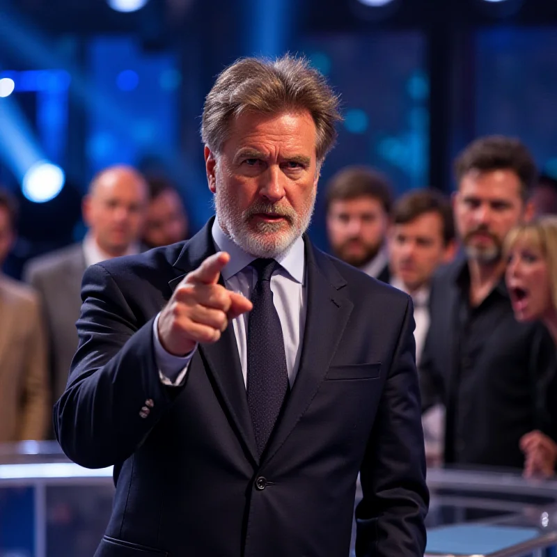 Alfonso Signorini looking stern and pointing his finger on the set of Grande Fratello. The set is brightly lit and modern, with other contestants looking on in the background.