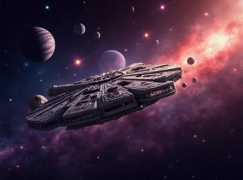 A panoramic view of the Millennium Falcon soaring through space, with planets and stars in the background.