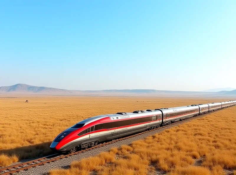 A modern train traveling on tracks through the Kazakh steppe.