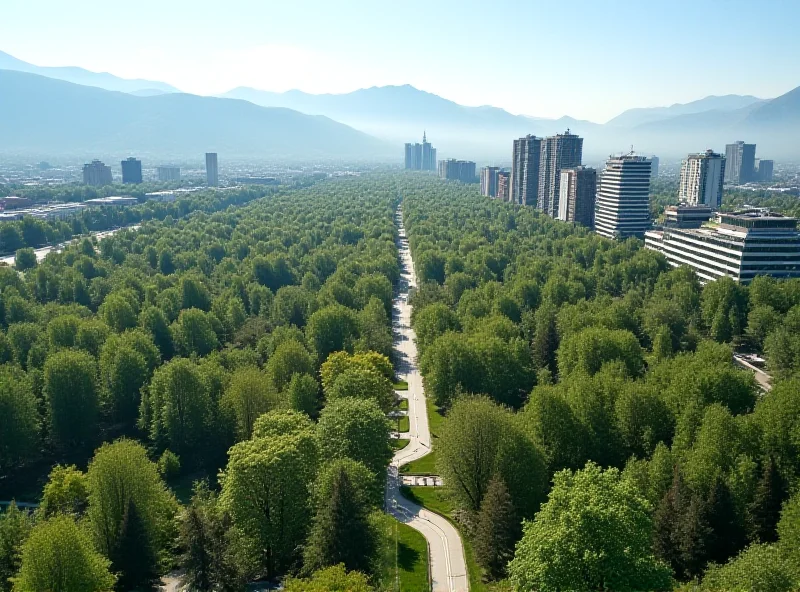 Aerial view of Almaty, Kazakhstan, with focus on green spaces and modern architecture
