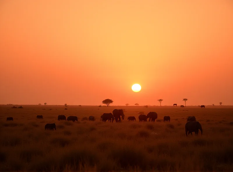 A vast Kenyan savanna with elephants migrating in the distance, connected by a visible wildlife corridor.