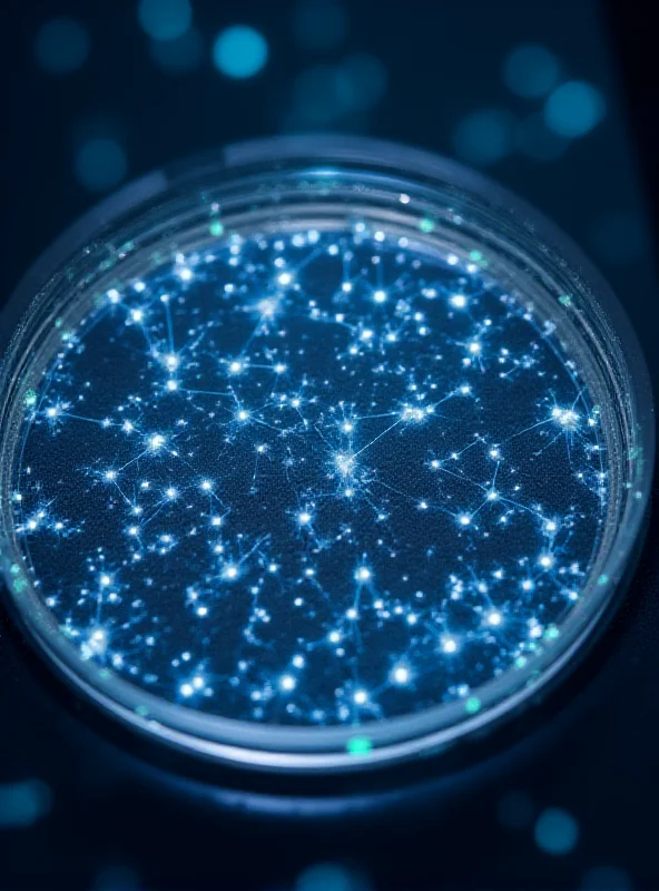 A close-up shot of a petri dish containing a network of human brain cells, glowing with electrical activity.