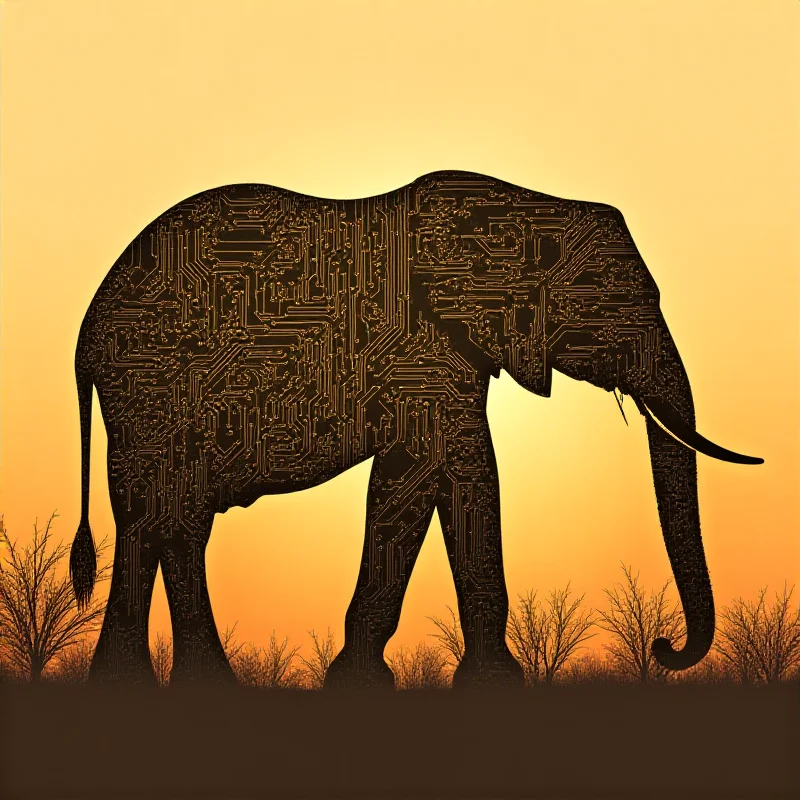 A stylized image combining an African elephant silhouette with a circuit board pattern, symbolizing the connection between wildlife conservation and technological advancement.