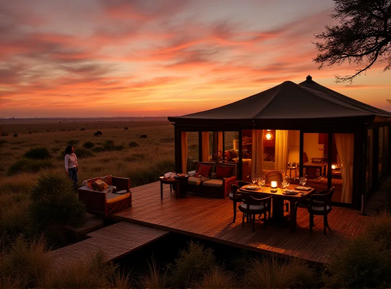 A luxury safari camp in the Kenyan savanna at sunset