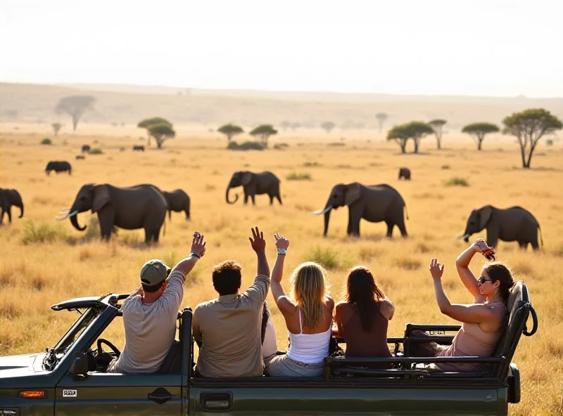 A group of tourists in a safari vehicle observing elephants in Kenya