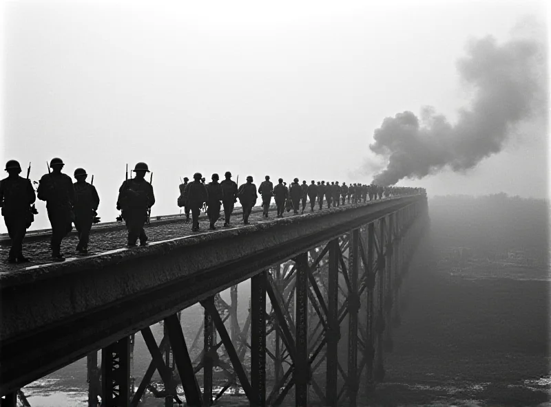 A black and white photograph of the Remagen Bridge during World War II, showing soldiers crossing it and the bridge's structure.