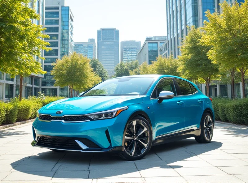 A stylish Kia EV4 parked in a modern, urban setting, showcasing its sleek design.
