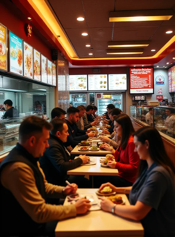 A bustling fast food restaurant in Prague, showcasing the vibrant atmosphere and diverse menu options.