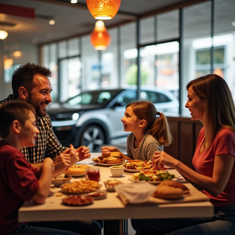 A happy Czech family enjoying a meal in a fast-food restaurant, with a Kia EV4 electric car parked outside in the background.