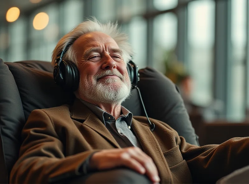 King Charles listening to music with headphones, looking relaxed and smiling.