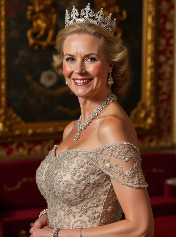 Queen Camilla smiling warmly, wearing a regal outfit, with an ornate background.