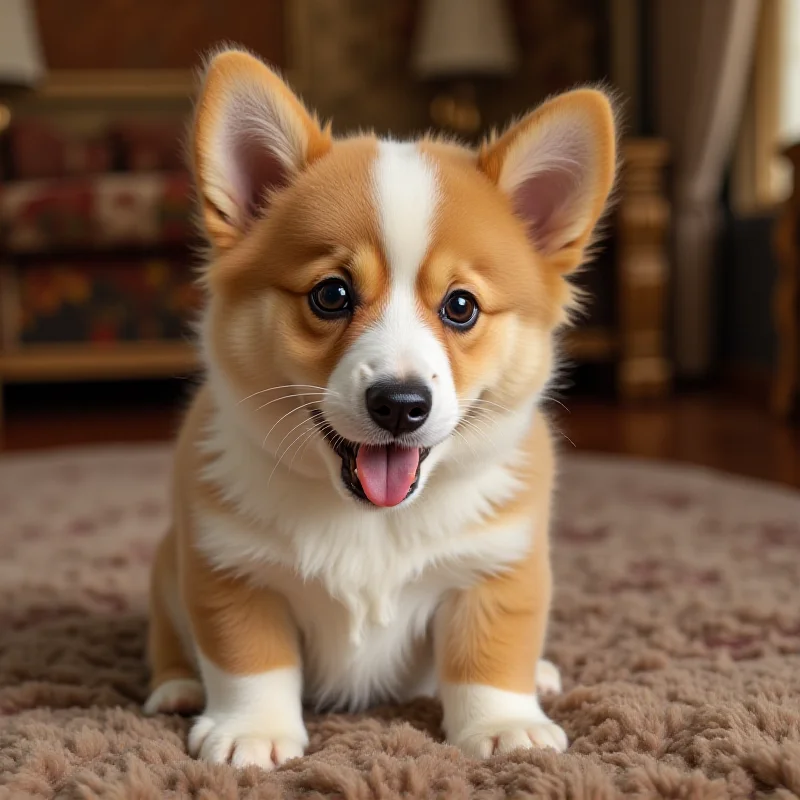 A small corgi puppy with a playful expression, sitting in a royal setting.