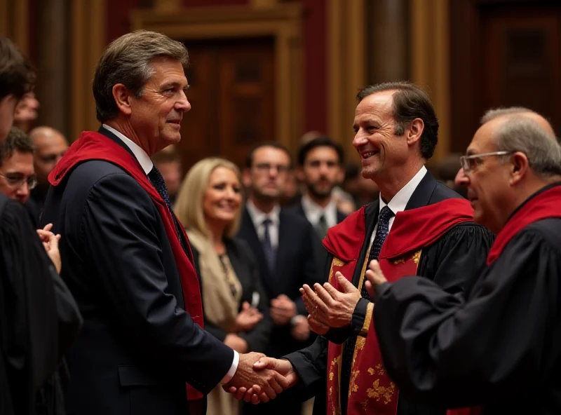 King Felipe VI receiving an honorary doctorate from the University of Alcalá de Henares. Queen Letizia is present.