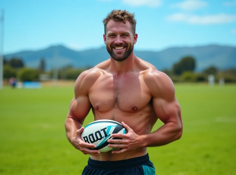 Tom Rowland, former England under-18 rugby prop, now leaner and fitter, posing with a rugby ball in New Zealand.