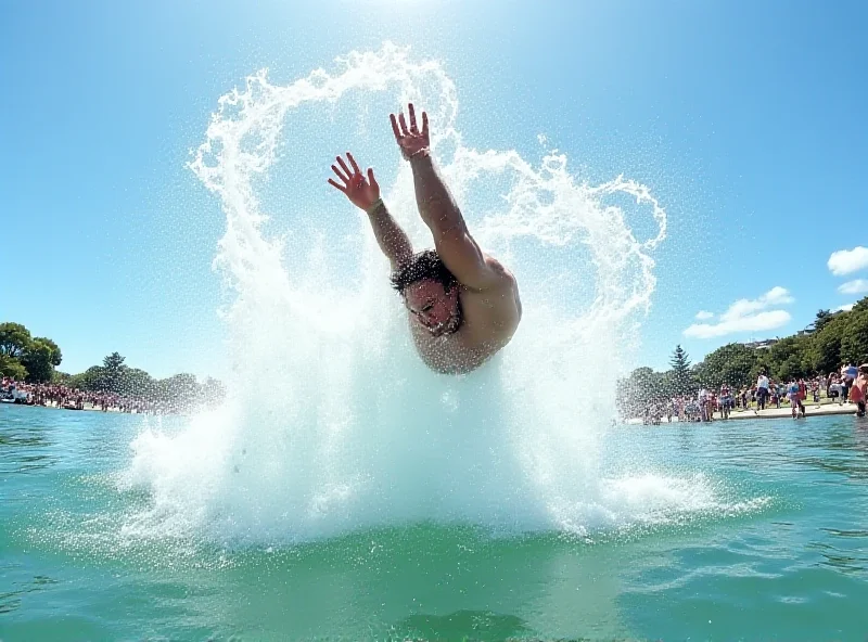 A diver performing a manu dive, creating a huge splash in the water in Auckland, New Zealand.