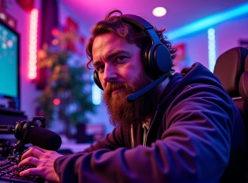 Jens Knossalla, known as Knossi, streaming live with a headset and microphone, looking directly at the camera with a confident expression. He is surrounded by gaming equipment and colorful lighting, creating a dynamic and energetic atmosphere.