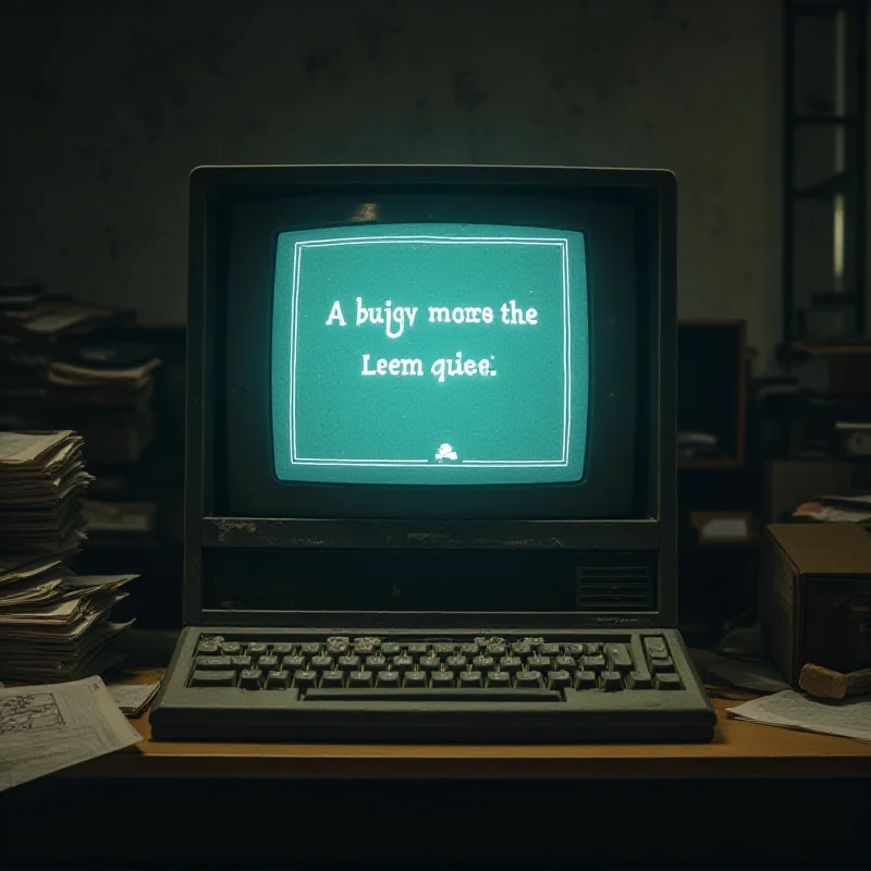 A vintage computer screen displaying a simple, text-based interface with a button labeled 'Launch Lame Joke'. The screen is surrounded by dusty computer equipment and outdated office supplies, evoking a sense of nostalgia and retro technology.