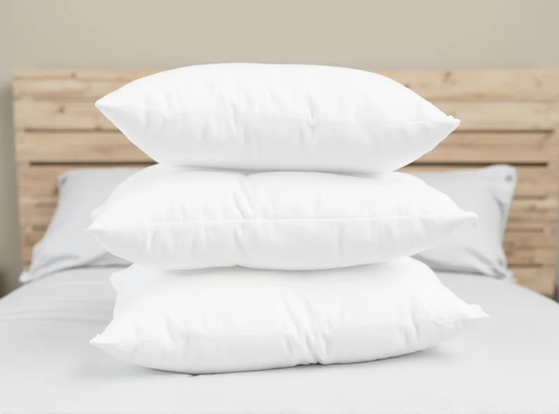 Stack of fluffy white microfiber pillows on a neatly made bed with a cozy comforter.