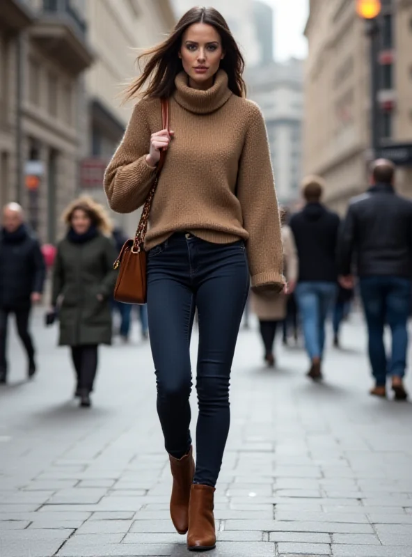 A woman wearing stylish brown Chelsea boots with a casual outfit, walking down a city street.