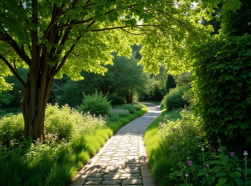 A lush green garden with a stone path winding through it, featuring mature trees and flowering plants. Sunlight filters through the leaves, creating dappled light on the path.