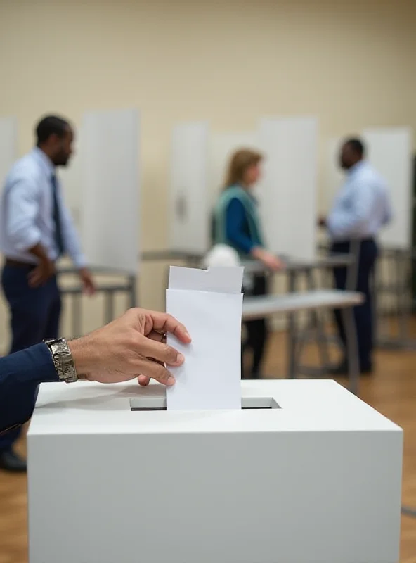 A voting booth inside a polling station. A person's hand is seen placing a ballot into the ballot box. The background shows other voting booths and election officials.